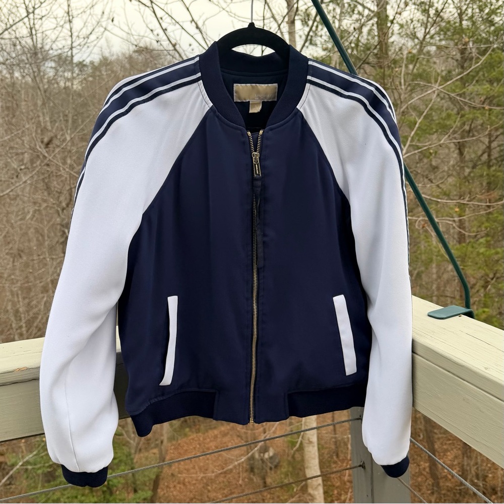 SET!! MICHAEL KORS Navy Blue White Track Jumpsuit Jacket Striped Break Away Pant - Picture 6 of 16